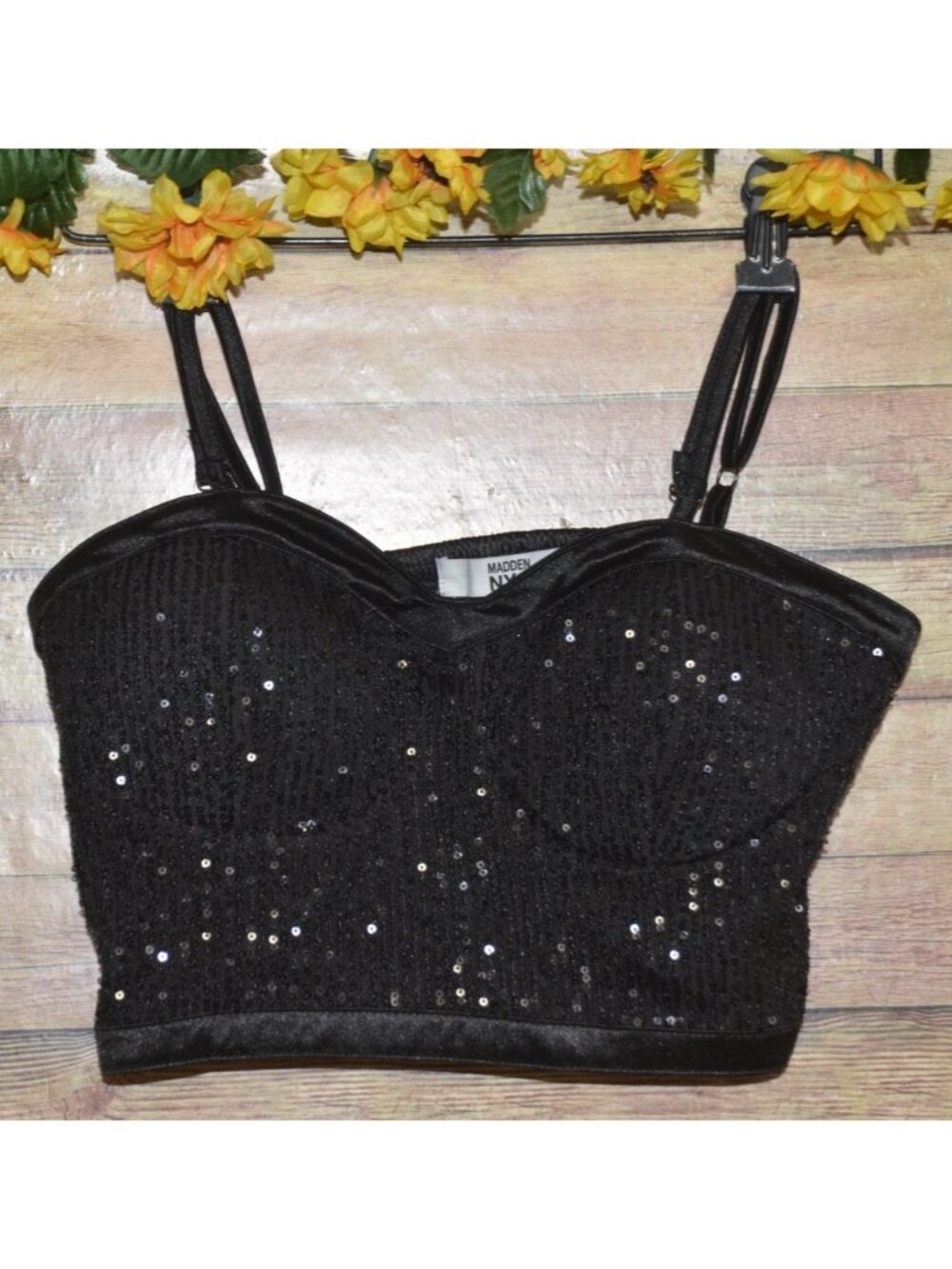 Women’s Madden NYC Black Sequin Bustier Size M Party Night Out Smocked Sexy